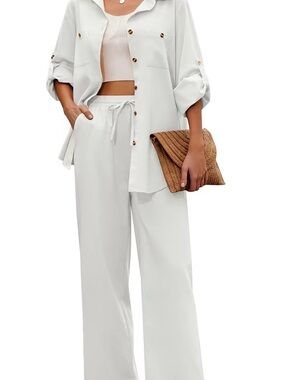 Elegant Minimalist Casual Wide-Leg Pants + Button Shirt - White New Boutique